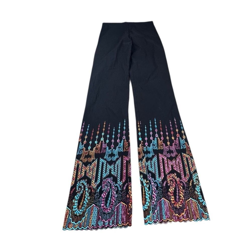 Cache Black Wide Leg Pants Beaded Embroidered Paisley Hem Boho Festival Flare L